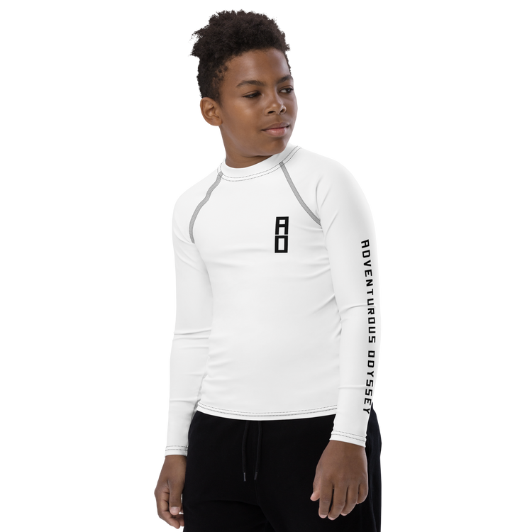 white rash guard with black AO design