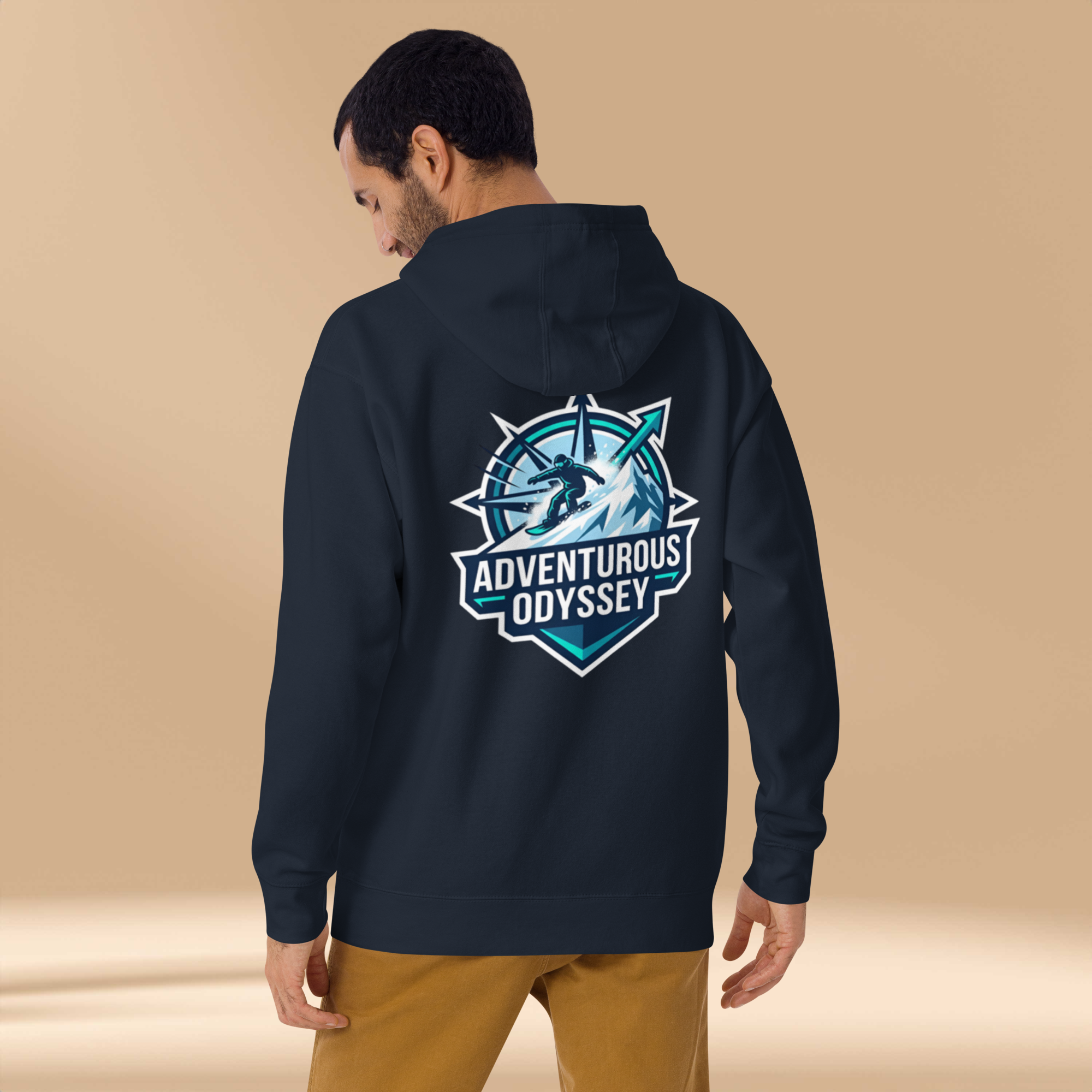 Person wearing a navy hoodie with 'Adventurous Odyssey' logo on the back against a beige background