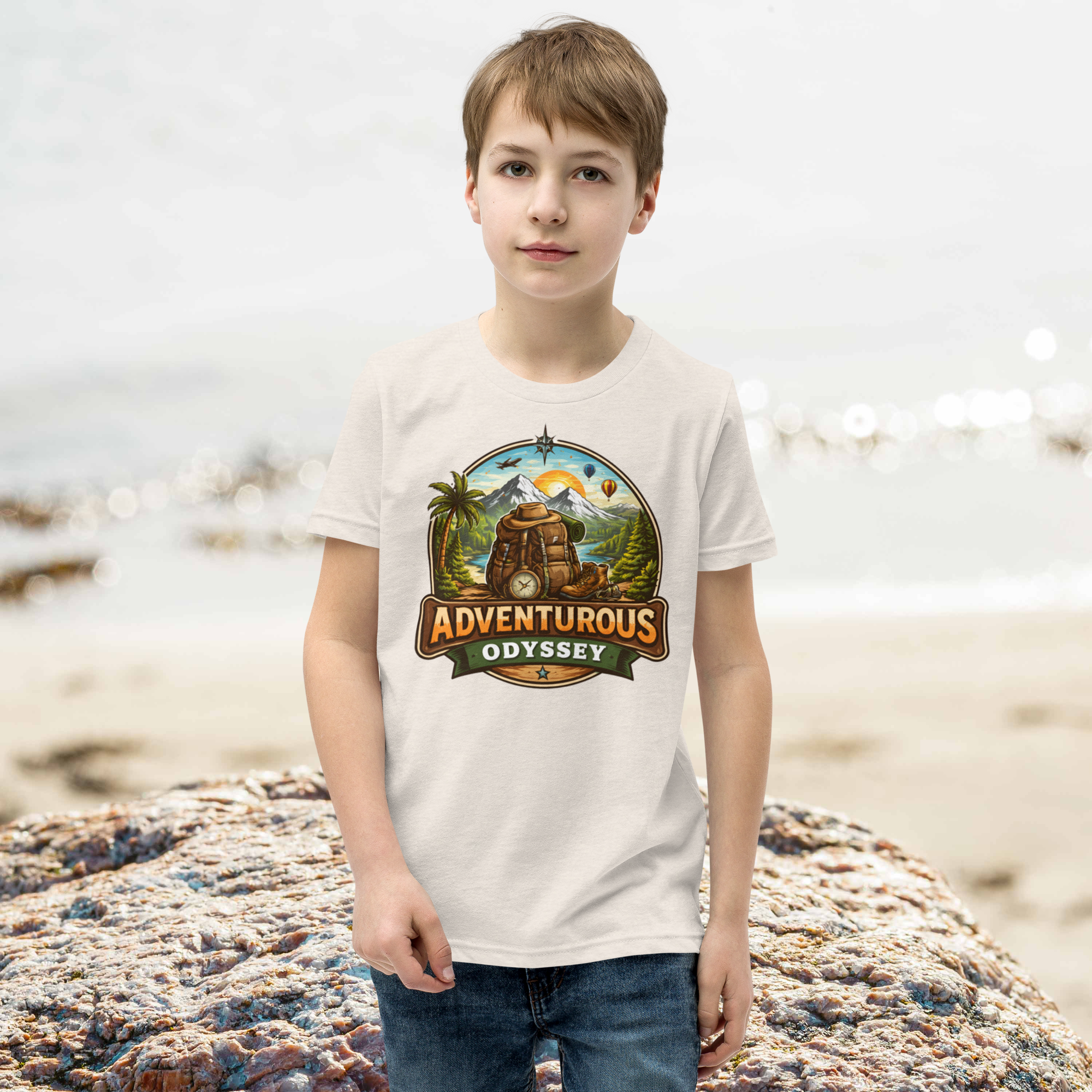 Child wearing a t-shirt with 'Adventurous Odyssey' design on a beach.